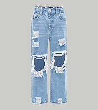 Floerns Girls Elastic Waist Distressed Ripped Straight Leg Denim Jeans