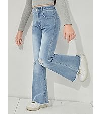 Floerns Girls Casual Ripped Frayed Split Hem Flare Bell Bottom Jeans Denim Pants