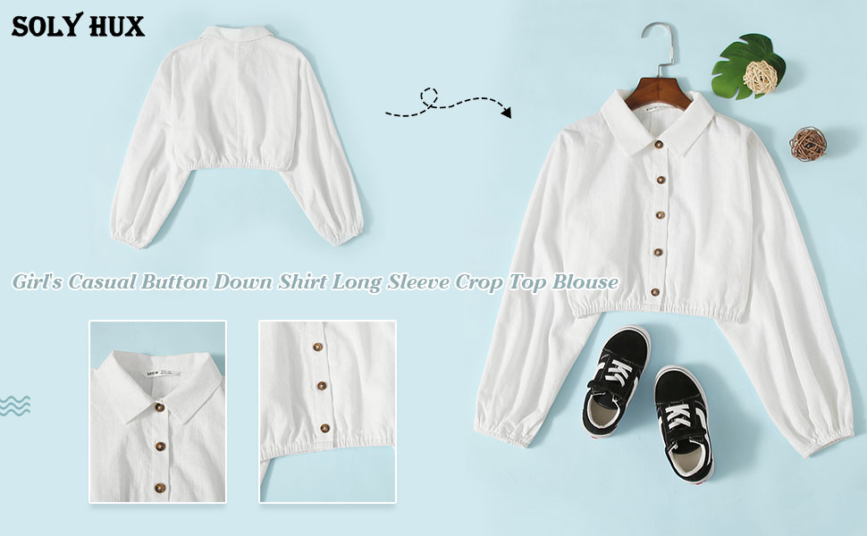 Girl''s Casual Button Down Shirt Long Sleeve Crop Top Blouse