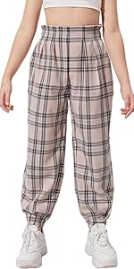 Girl&amp;amp;amp;#39;s Casual Elastic High Waisted Plaid Pants with Pockets