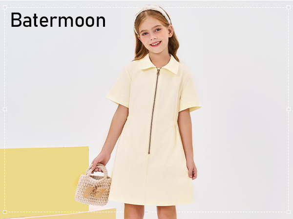 Girls Summer Zip Front Shirt Dresses Kids Collar Short Sleeve Drawstring Waisted Dress 4-14 Years