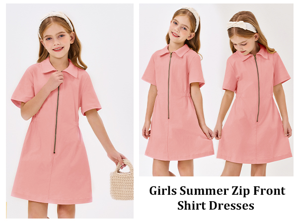 Girls Summer Zip Front Shirt Dresses Kids Collar Short Sleeve Drawstring Waisted Dress 4-14 Years