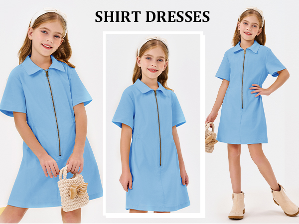 Girls Summer Zip Front Shirt Dresses Kids Collar Short Sleeve Drawstring Waisted Dress 4-14 Years