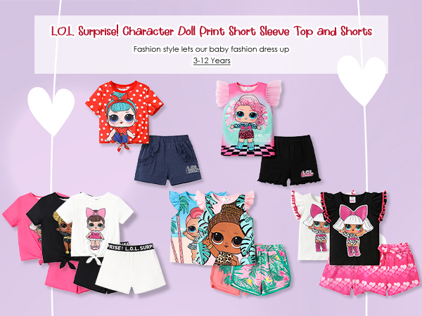 L.O.L. Surprise! Girls Clothes Set Doll Print Short Sleeve Tie Knot Tee Top and Shorts Kids Clothes