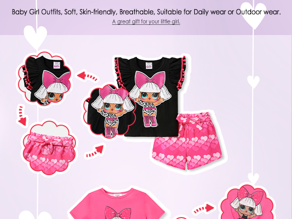 L.O.L. Surprise! Girls Clothes Set Doll Print Short Sleeve Tie Knot Tee Top and Shorts Kids Clothes