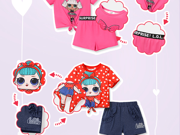 L.O.L. Surprise! Girls Clothes Set Doll Print Short Sleeve Tie Knot Tee Top and Shorts Kids Clothes