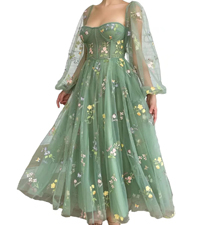 puffy sleeve prom dress flower embroidery tulle long sleeves ball gown tea length formal party dress