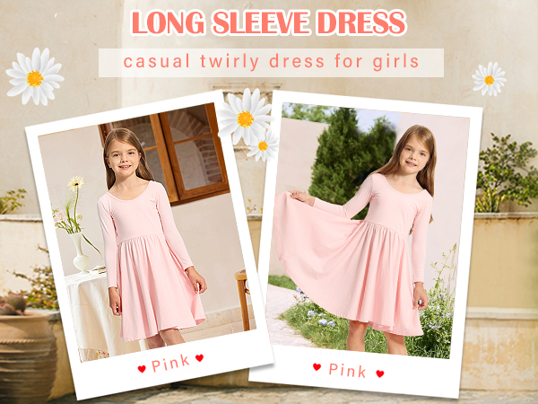 Pink long sleeve casual dress for girls