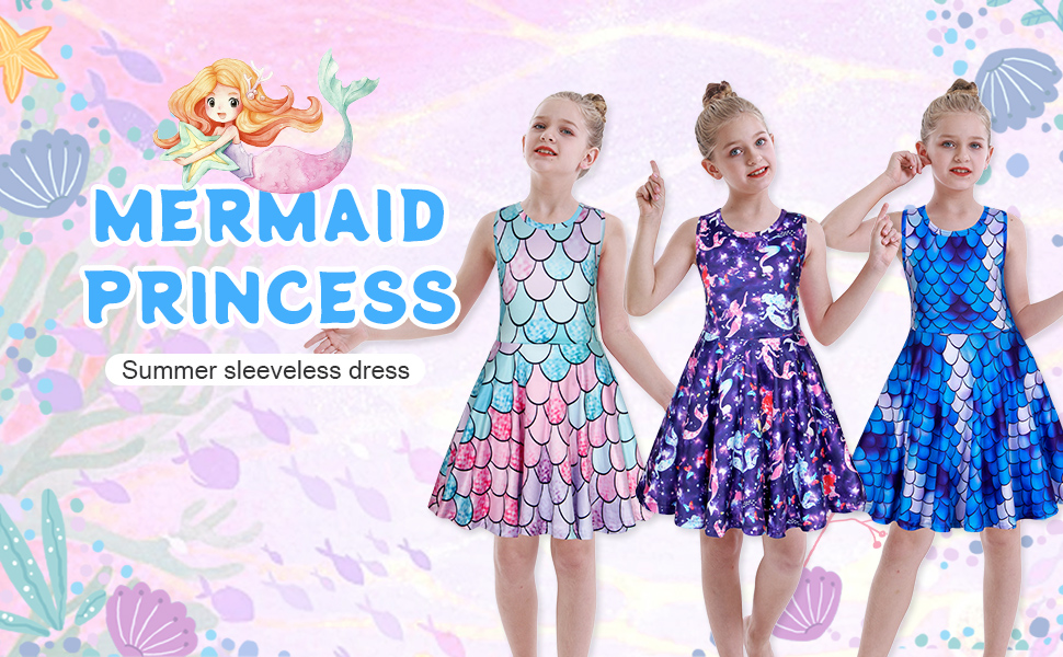 Mermaid Dress for Girls Summer Sleeveless Tank A-Line Swing Dresses Casual Playwear Beach Sundress