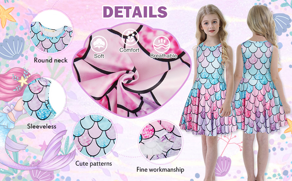 Mermaid Dress for Girls Summer Sleeveless Tank A-Line Swing Dresses Casual Playwear Beach Sundress