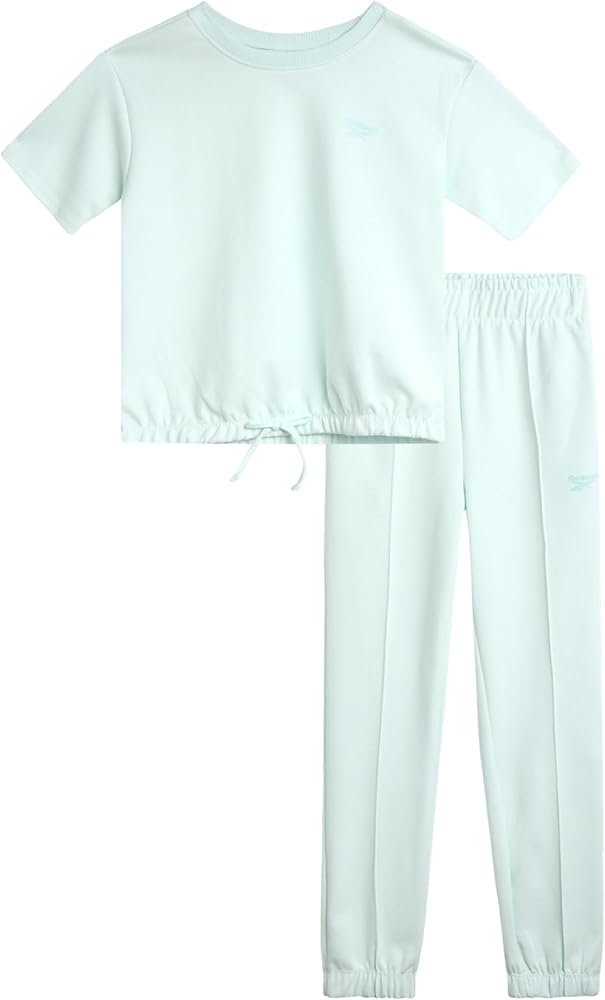 Reebok Girls' Jogger Pants Set - 2 Piece Crop T-Shirt and Double Knit Jogger Sweatpants - Summer Sweatsuit for Girls (7-12)