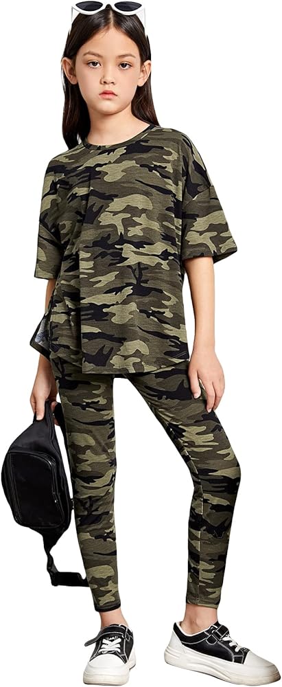 Milumia Girl's 2 Piece Outfits Camo Print Drop Shoulder Half Sleeve T Shirt and Legging Set Black Grey White 11-12 Years