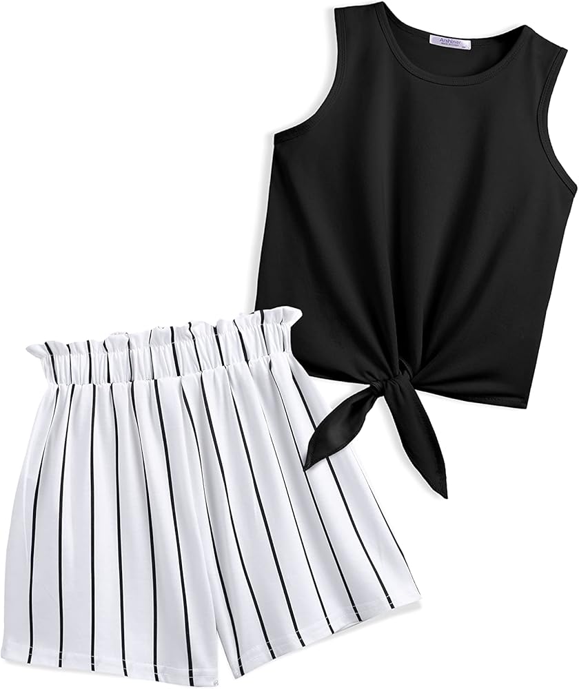 Arshiner Girl's 2 Piece Outfits Summer Tie Knot Tank Top and Paperbag Waist Pocketed Short Sets