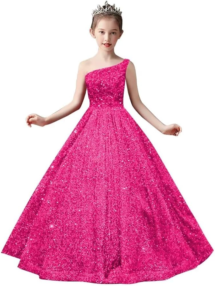 One Shoulder Sequin Pageant Gowns Sparkly Ball Gown Flower Girl Dresses for Wedding Princess Kids Toddler Dress