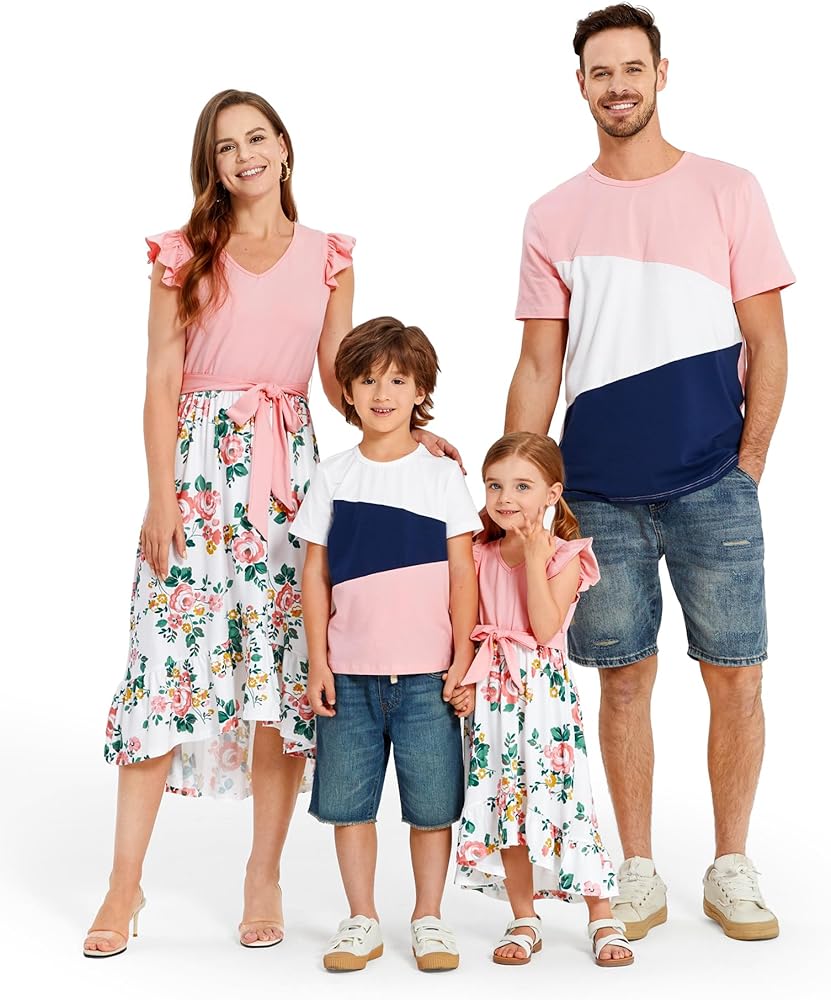 PATPAT Family Matching Outfits Crewneck Ruffle Cuffs Floral Print Dresses and Short Sleeve T Shirts