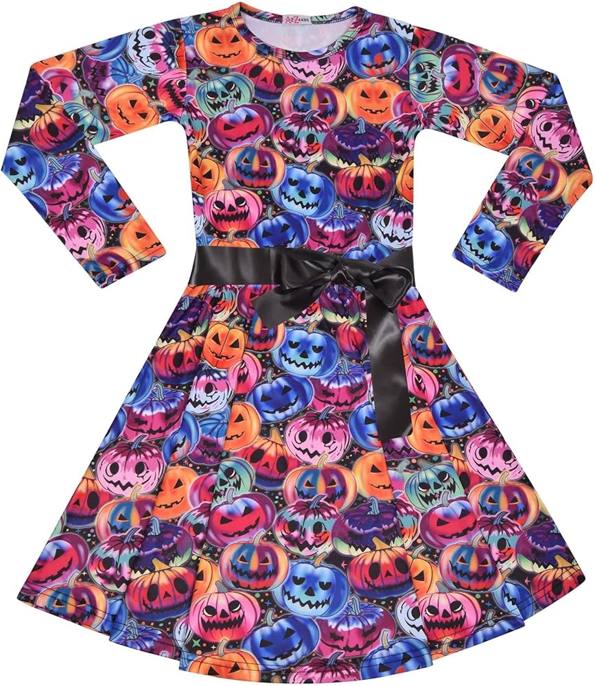 A2Z Kids Girls Skater Dress Long Sleeves Multi Color Pumpkins Print Soft Comfortable Halloween Party Fashion Dresses