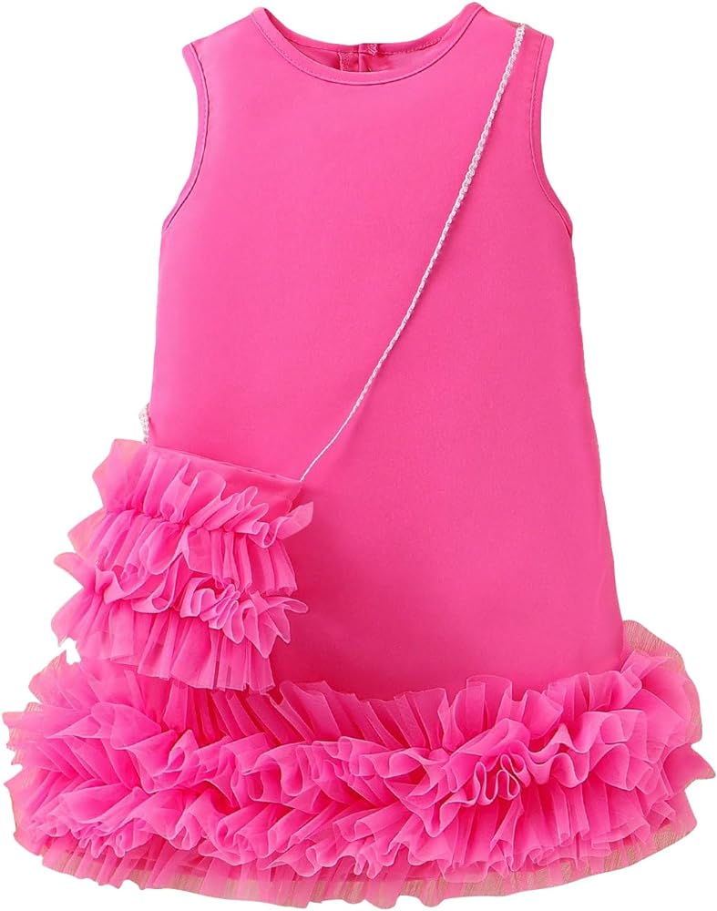 Girl's Sleeveless Mesh Ruffle Button Back Tank Dress and A Decorative Crossbody Bag