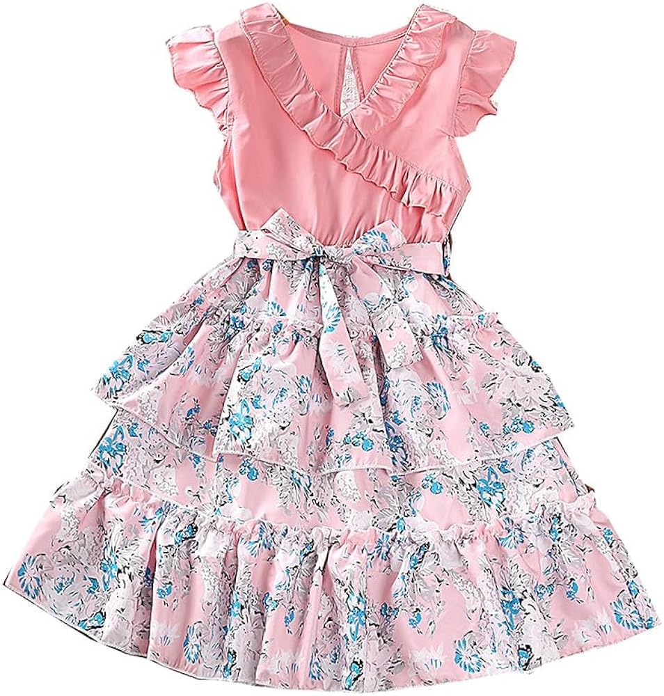 Girl's Summer Floral Dresses Chiffon Ruffle Sleeve Tiered Swing A-Line Party Dress Cute Midi Casual Sundress for Kids