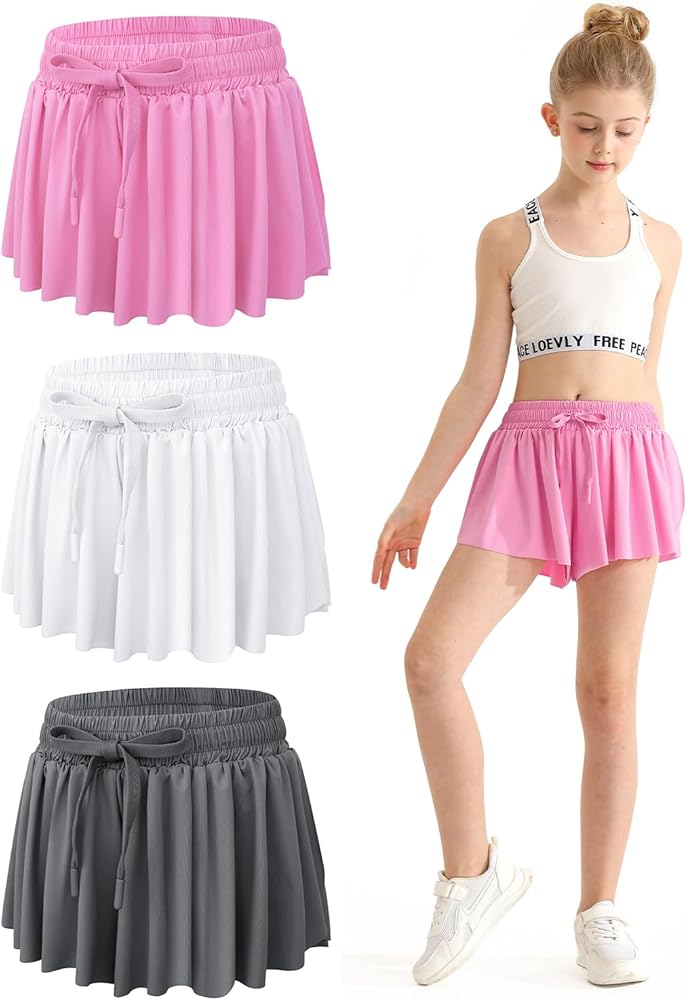 Girls Athletic Flowy Shorts with Spandex Liner 2-in-1 Kids Butterfly Short for Running,Sports,Fitness,Tennis