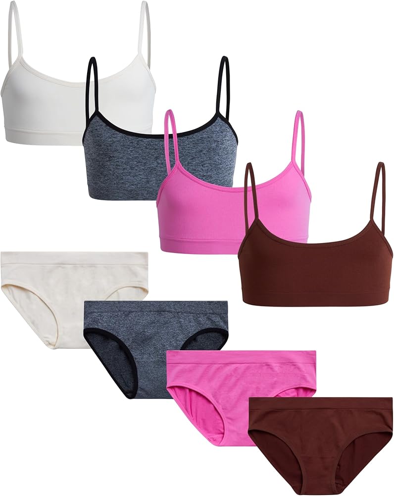 Sweet & Sassy Girls' Training Bra Set - 8 Piece Seamless Cami Bralette and Underwear