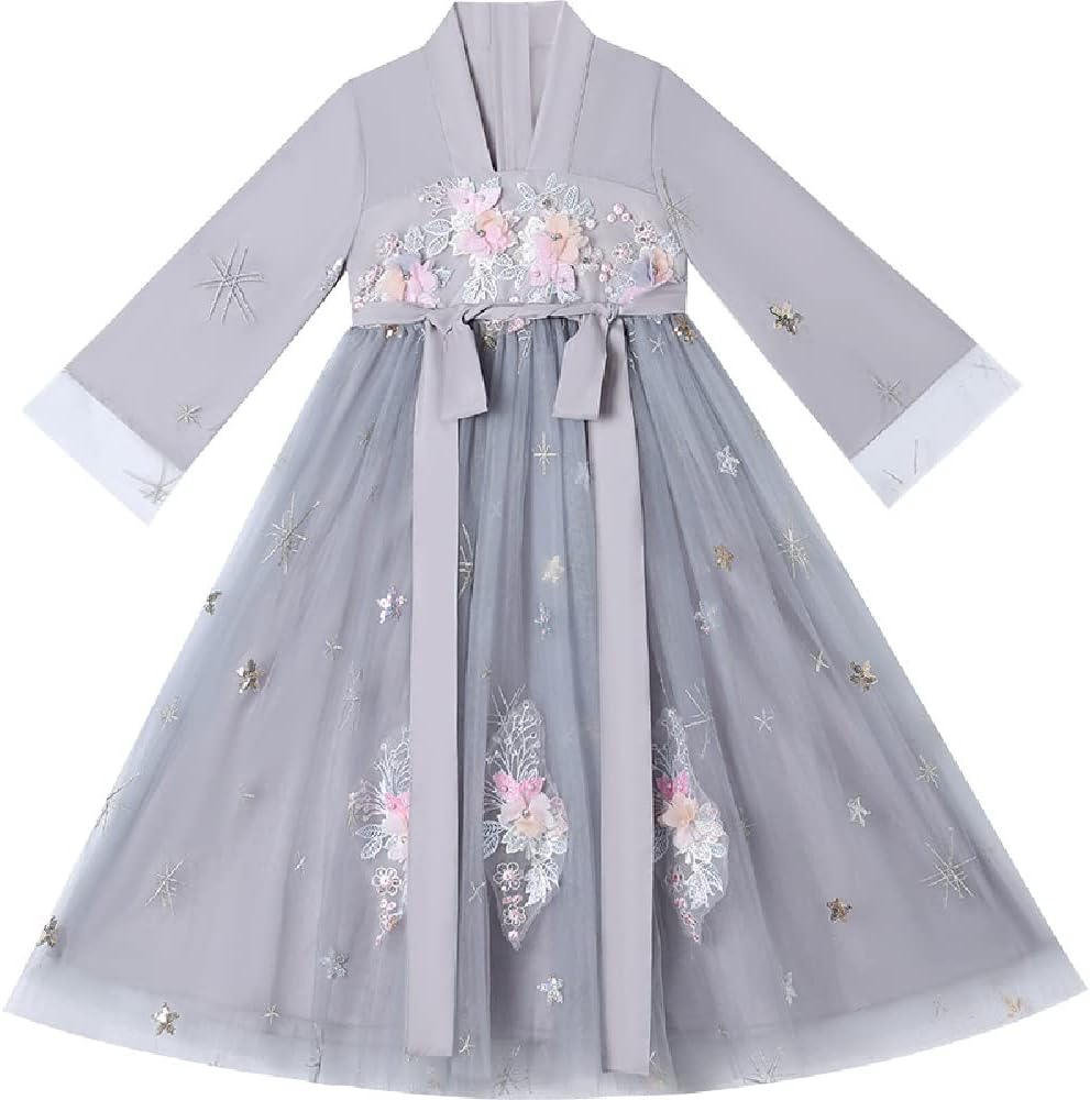 Quenny Children's Hanfu Dresses,Summer New Mesh Puffy Princess Dresses,Girl's Chinese Style Retro Collar Embroidered Dresses.