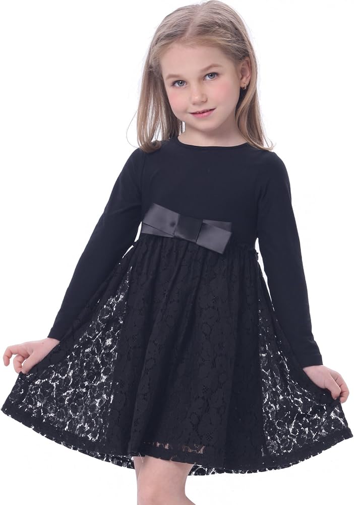 Bonny Billy Girl's Casual Satin Lace Dress with Black Bow