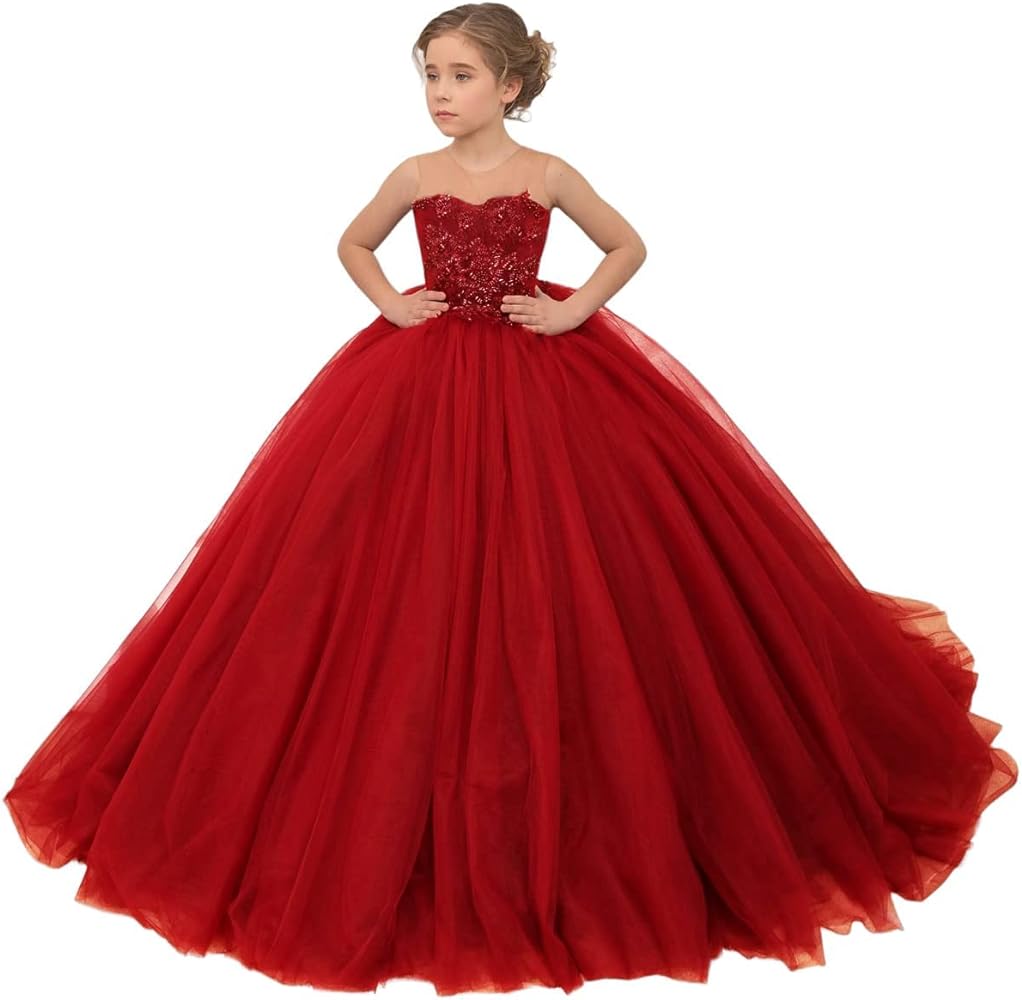 Lovely Tulle Flower Girl Dress for Wedding Lace Applique Princess Pageant Dresses Long Birthday Party Ball Gown