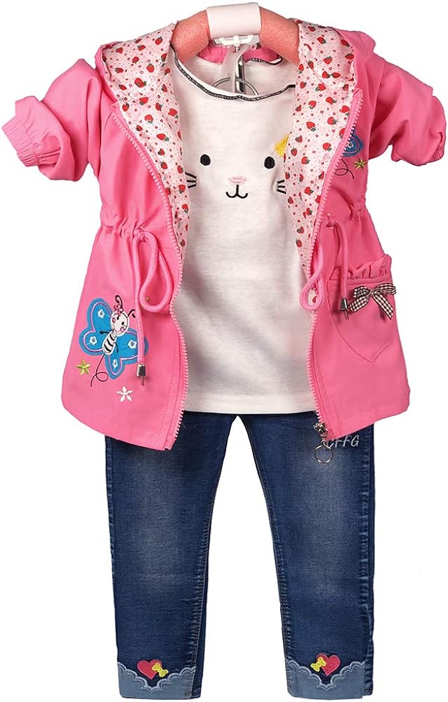 Peacolate Spring Autumn Little Girls Clothing Set 3pcs Long Sleeve T-Shirt Denim Jacket and Jeans