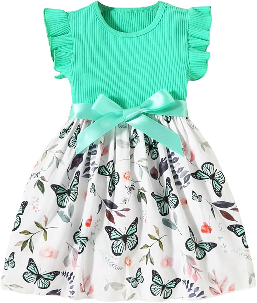 Floerns Toddler Girls Graphic Print Belted Bow Front Ruffle Trim Knitted Flared A Line Dress