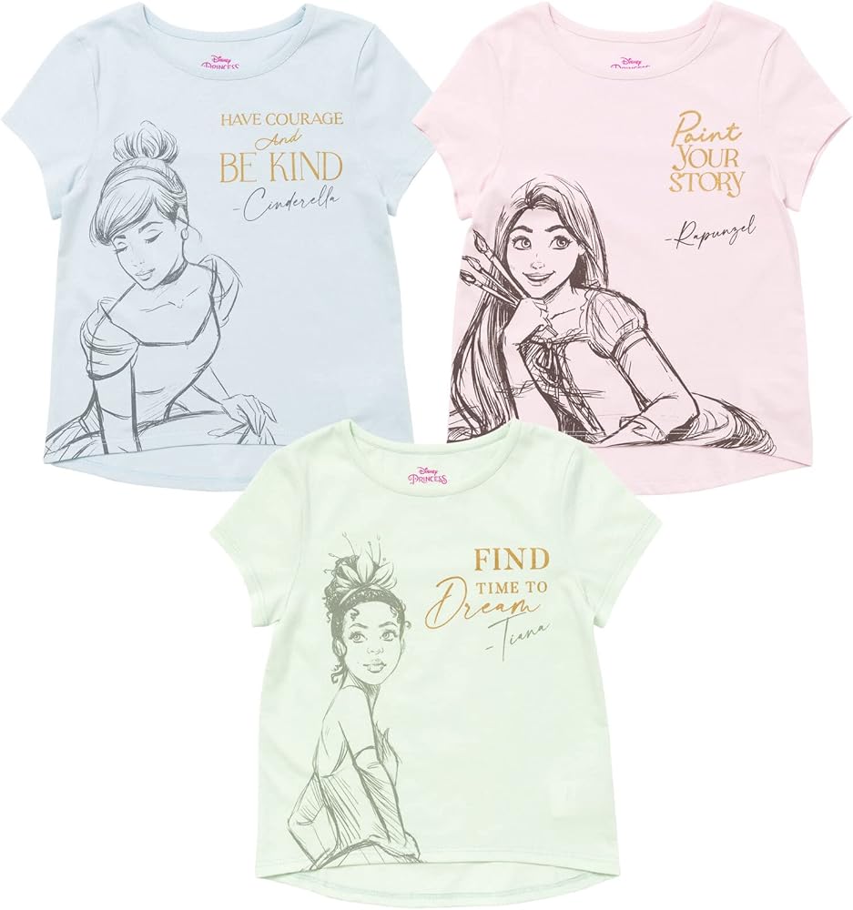 Disney Princess Ariel Cinderella Tiana Moana Jasmine Belle Girls 3 Pack T-Shirts Toddler to Big Kid