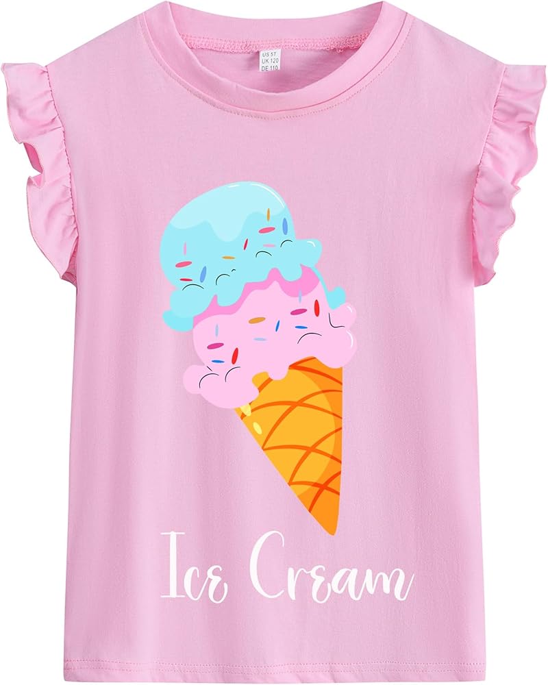 Girls Short Sleeve Shirts Casual Toddler Ruffle T Shirt Kids Bee Tank Top Mermaid Ice Cream Summer Crewneck Tees 2-7 Years