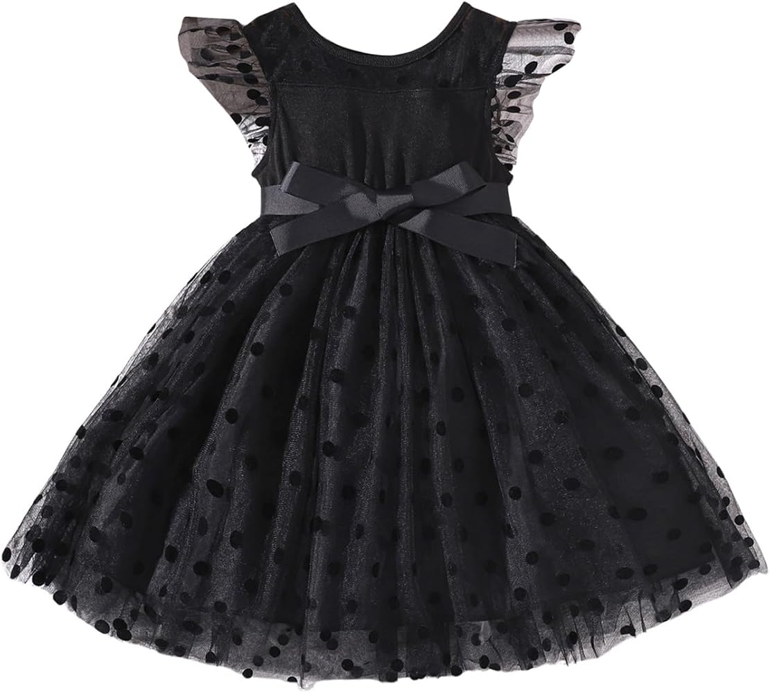 Girl's Ruffle Hem Short Dress Belt Cap Sleeve Crewneck Polka Dots Mesh Mini Dresses