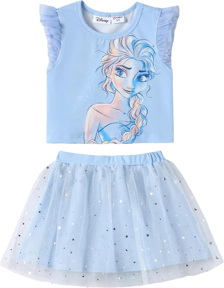 Disney Toddler Girl Outfits 2 Piece Skirt Set Ruffle Sleeve T-Shirt and Tutu Dress Birthday Party Outfit 2-6 Years