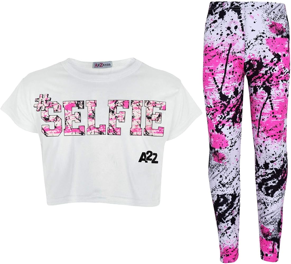 Girls #Selfie Print White Crop Top Short Sleeves T Shirt and Splash Print Fashion Leggings Set Age 5-13 Years