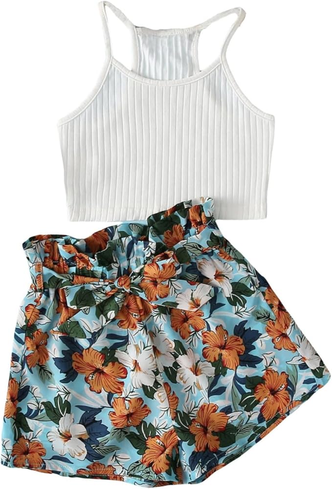 SHENHE Girl's 2 Piece Outfits Floral Sleeveless Crop Cami Top and Belted Shorts Set White and Blue 6Y