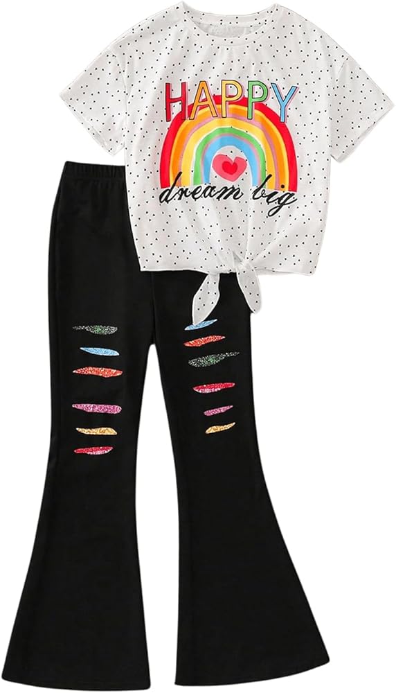 GORGLITTER Girl's 2 Piece Outfit Graphic Short Sleeve Tee and Bell Bottom Flare Leg Pants Set