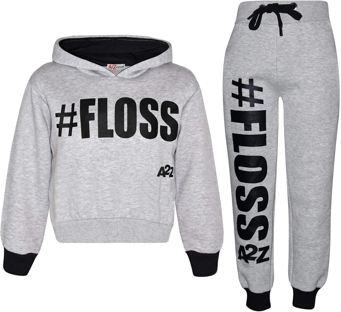 Kids Girls Jogging Suit Designer #Floss Tracksuit Hooded Crop Top & Bottom 5-13