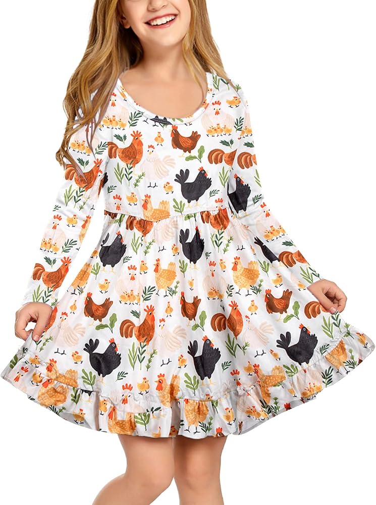 SUPEYA Thanksgiving Dress Girls Funny Farm Chicken Graphic Sundress Loose Casual Long Sleeve Ruffle Dresses