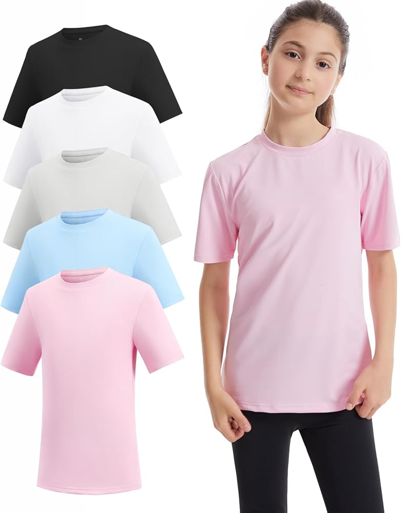 5 Packs Girls Athletic Shirts Short Sleeve Active T-Shirts Dry Fit, Sports Workout Shirts for Kids Teens