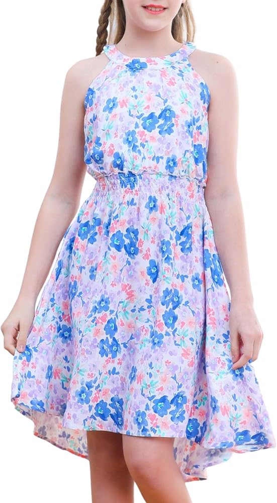 V.&GRIN Easter Dress for Girls, Spring Cute Floral Neck Halter Chiffon Flowy Dress Outfit for Tweens