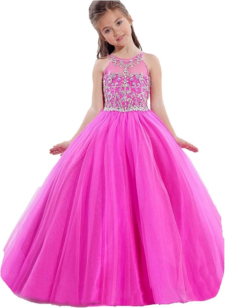 Wenli Girls Sheer Crew Floor Length Ball Gowns Pink Formal Gowns