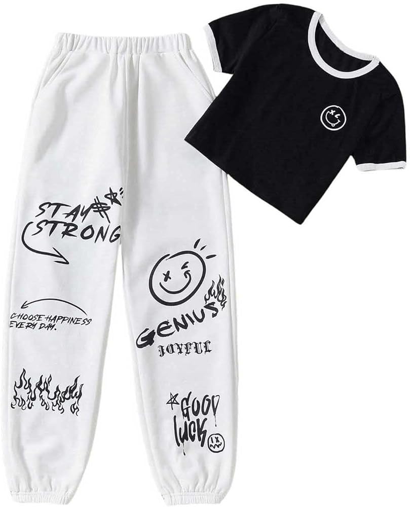 SHENHE Girl's 2 Piece Outfits Cute Graphic Crop Top Tshirt and Elastic Waist Jogger Sweatpants Preppy Set