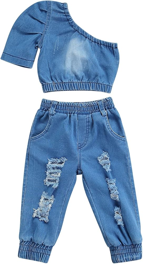 Toddler Kids Girl Denim Outfit One-Shoulder Crop Tops T-Shirt+Ripped Long Jeans Pants Clothes Set