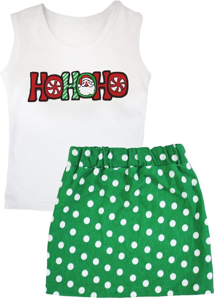 Petitebella Dress Xmas HOHOHO White Vest Polka Dots Green Skirt Set 1-8y