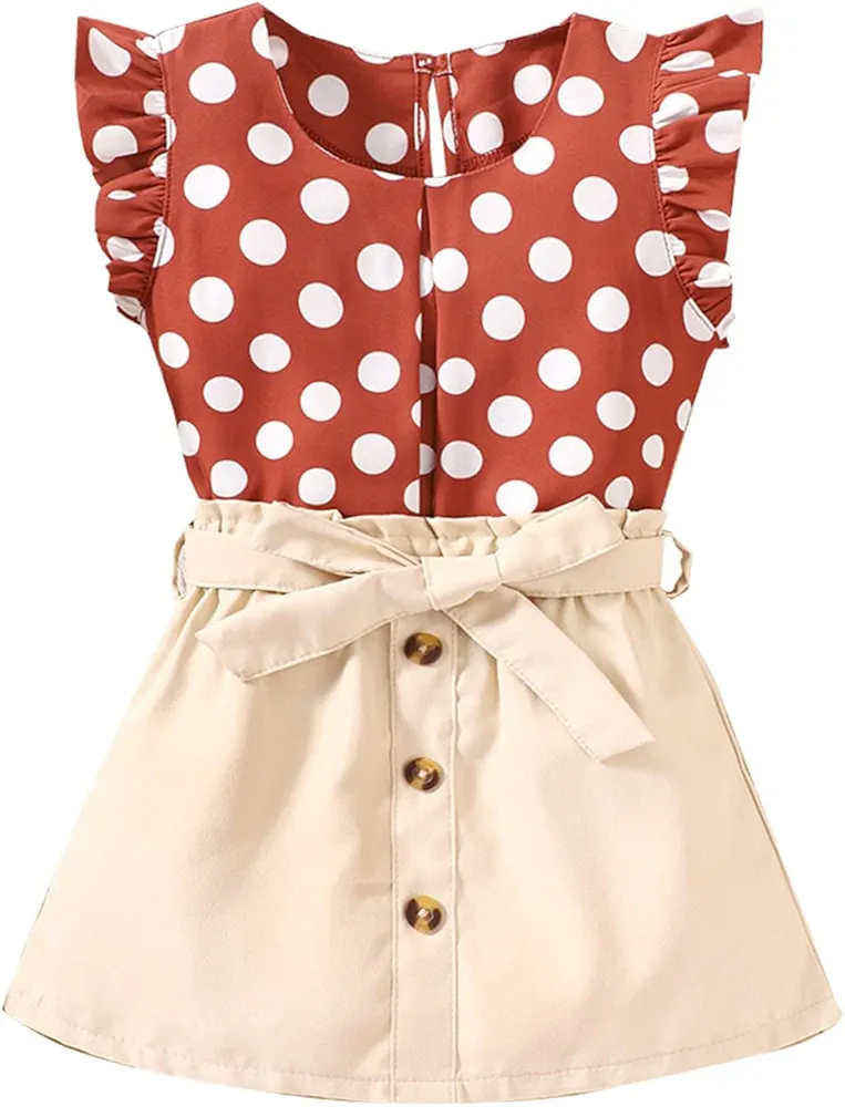 Sinifer Summer Girls' Suit Small and Medium Sized Children's Summer Polka Dot Top Skirt Suit Printing Skirt (Red, 3-4 Years)