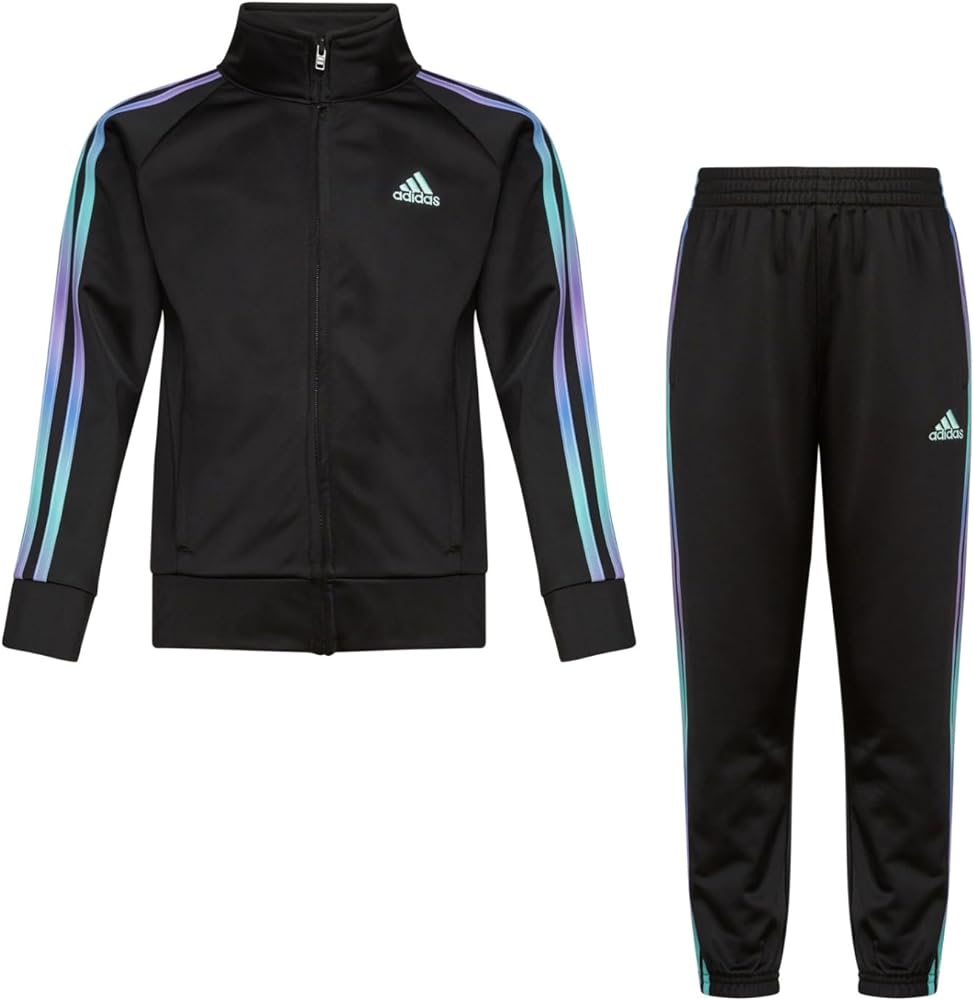 adidas Girls Zip Front Classic Tricot Jacket and Pants Set (10/12, Black with Multicolor)