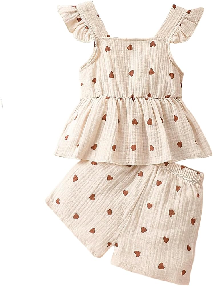 OYOANGLE Girl's 2 Pieces Outfits Heart Print Sleeveless Ruffle Trim Peplum Top and Shorts Set