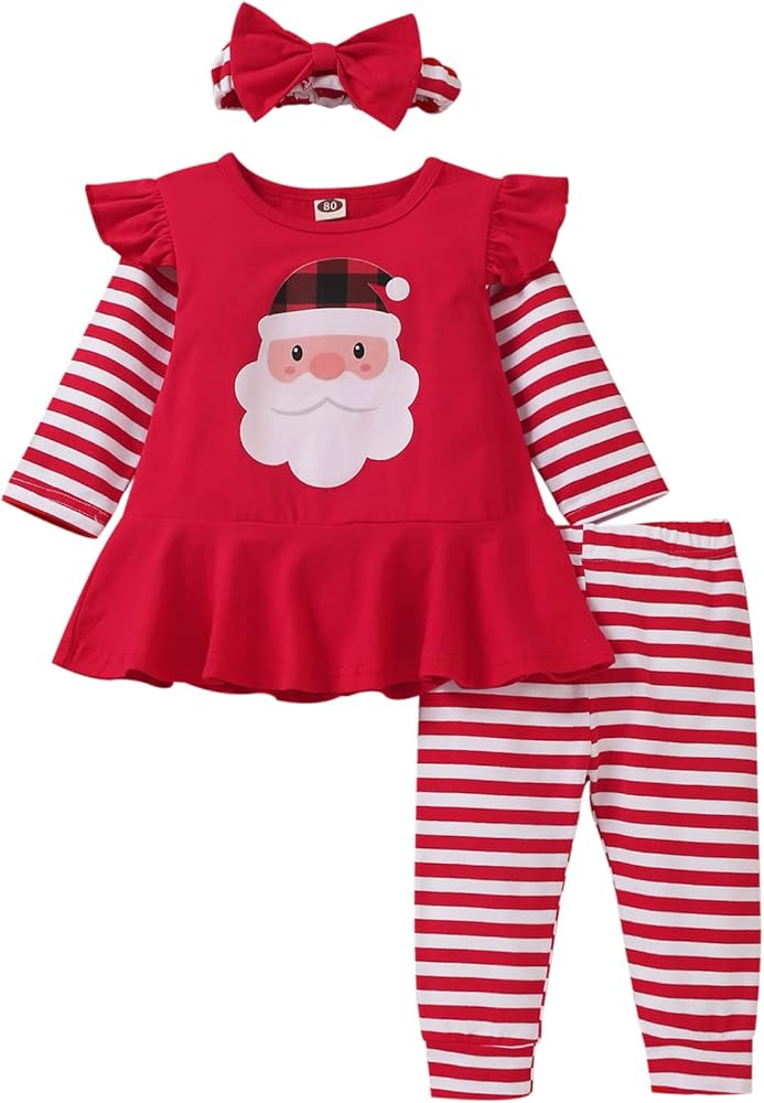 HIHA Infant Toddler Baby Girl Christmas Outfit Ruffle Long Sleeve My First Christmas Dress Pants Clothes Set Plaid Santa Baby