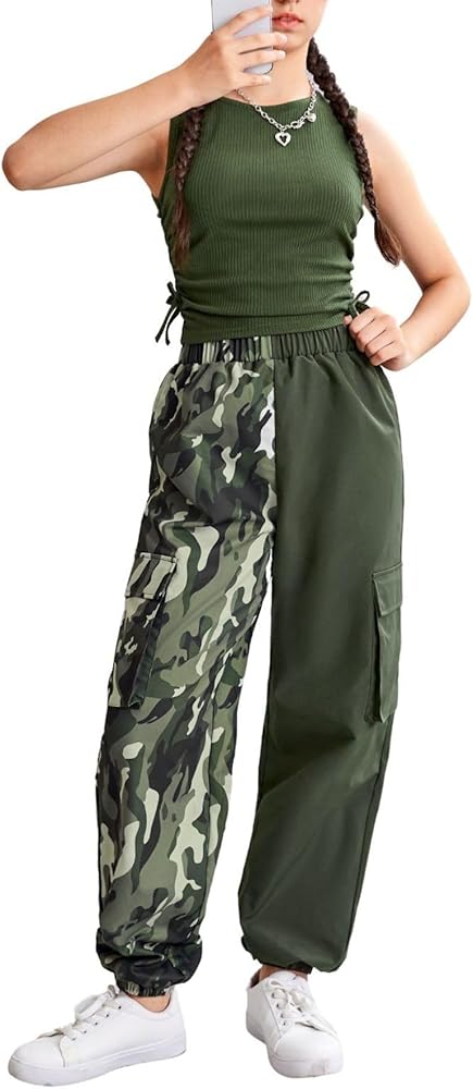 Verdusa Girl's 2 Piece Outfit Ruched Crop Tank Top with Colorblock Cargo Pants