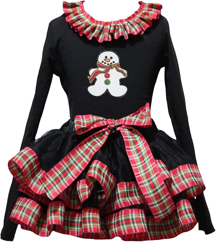 Petitebella Ginger Snowman Black L/s Shirt Checkered Ribbon Petal Skirt Nb-8y